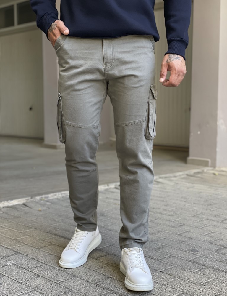 Ανδρικό cargo γκρι-λαδί παντελόνι υφασμάτινο ίσιο BC37912G φωτογραφία